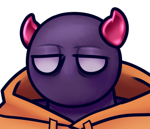 An image of a little creature with purple short fur, pink horns, and white eyes wearing a pastel yellow hoodie. This is my persona!